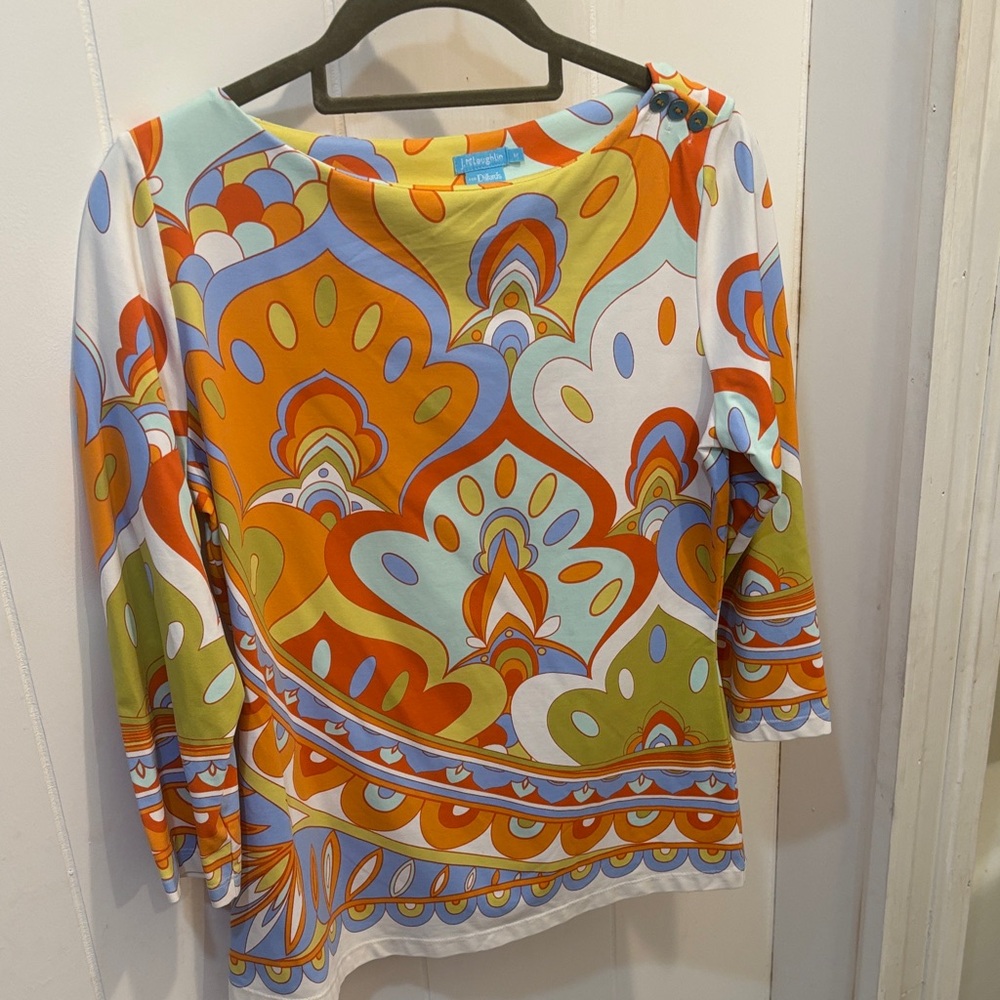J. McLaughlin Vibrant Orange and Blue Blouse